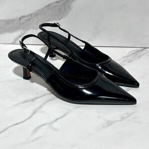 ASOS DESIGN Size 6 Strike Slingback Kitten Heeled Shoes in Black Patent Leather